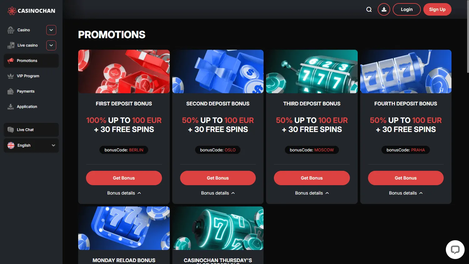 Casino Chan desktop promotions view with welcome and deposit offers