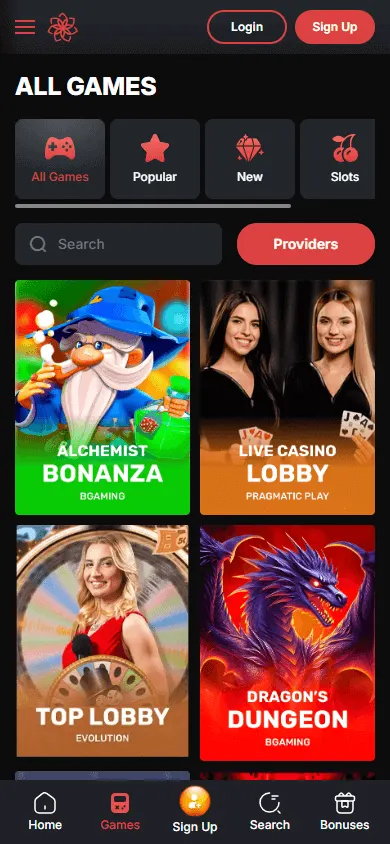 Casino Chan mobile games view with pokies and live casino options