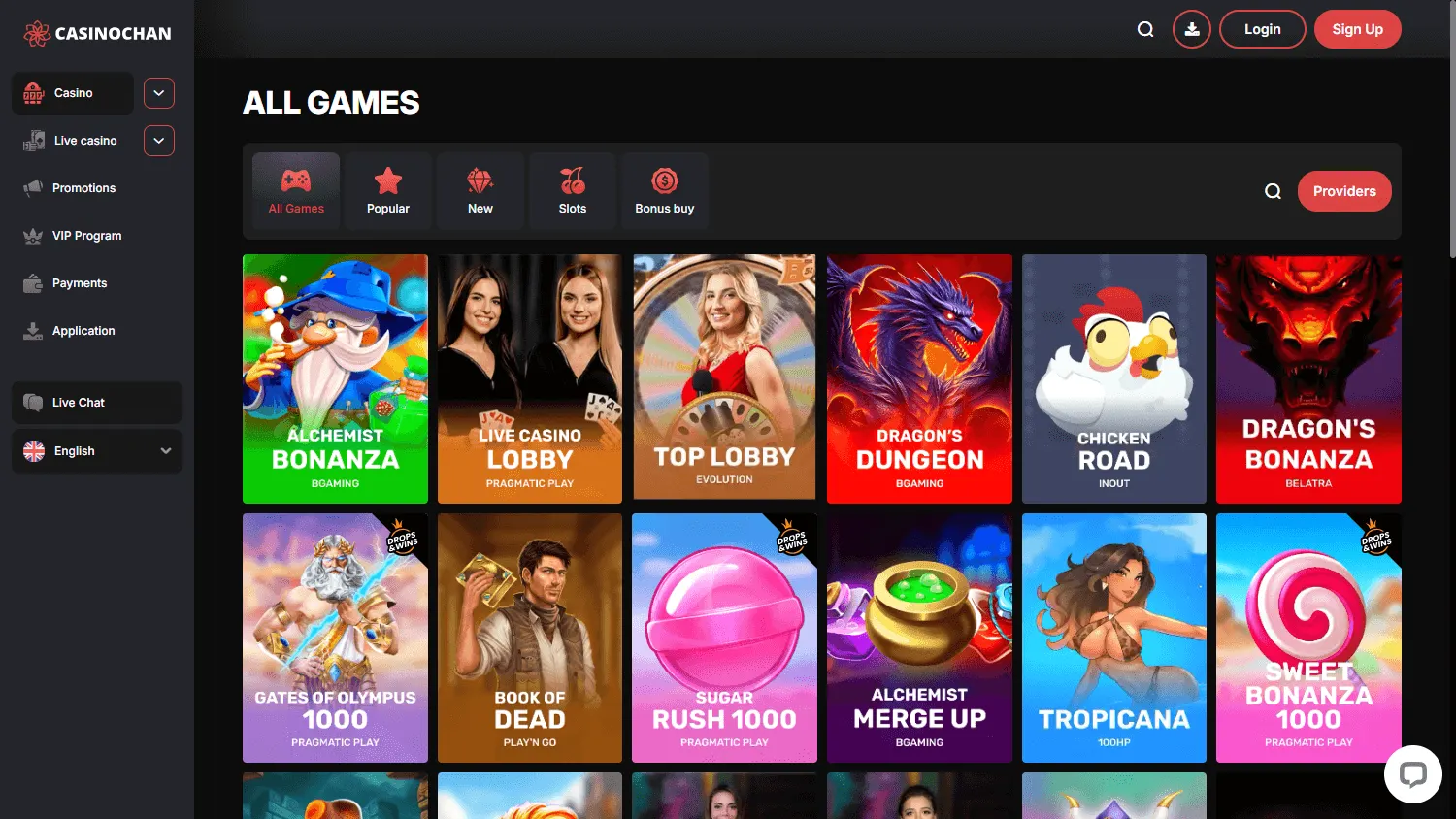 Casino Chan desktop games view with pokies and casino game categories