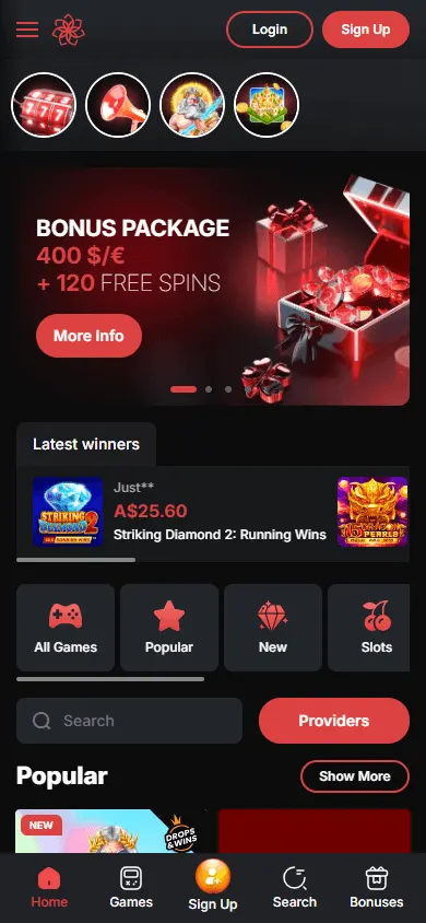 Casino Chan mobile home view on an Android or iOS browser