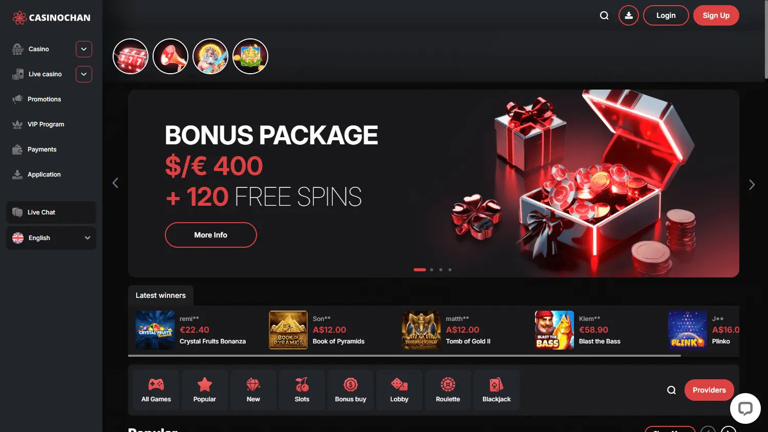 Casino Chan desktop home view with casino promotions and game categories